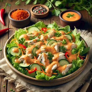 Rustic bowl of Sriracha Ranch Chicken Salad with fresh greens, chicken, diced veggies, and creamy orange Sriracha Ranch dressing, surrounded by fresh herbs and colorful vegetables.